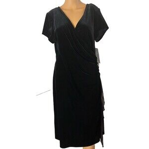 Jessica Howard Black velvet midi dress draping bodice rhinestone brooch 12 nwt
